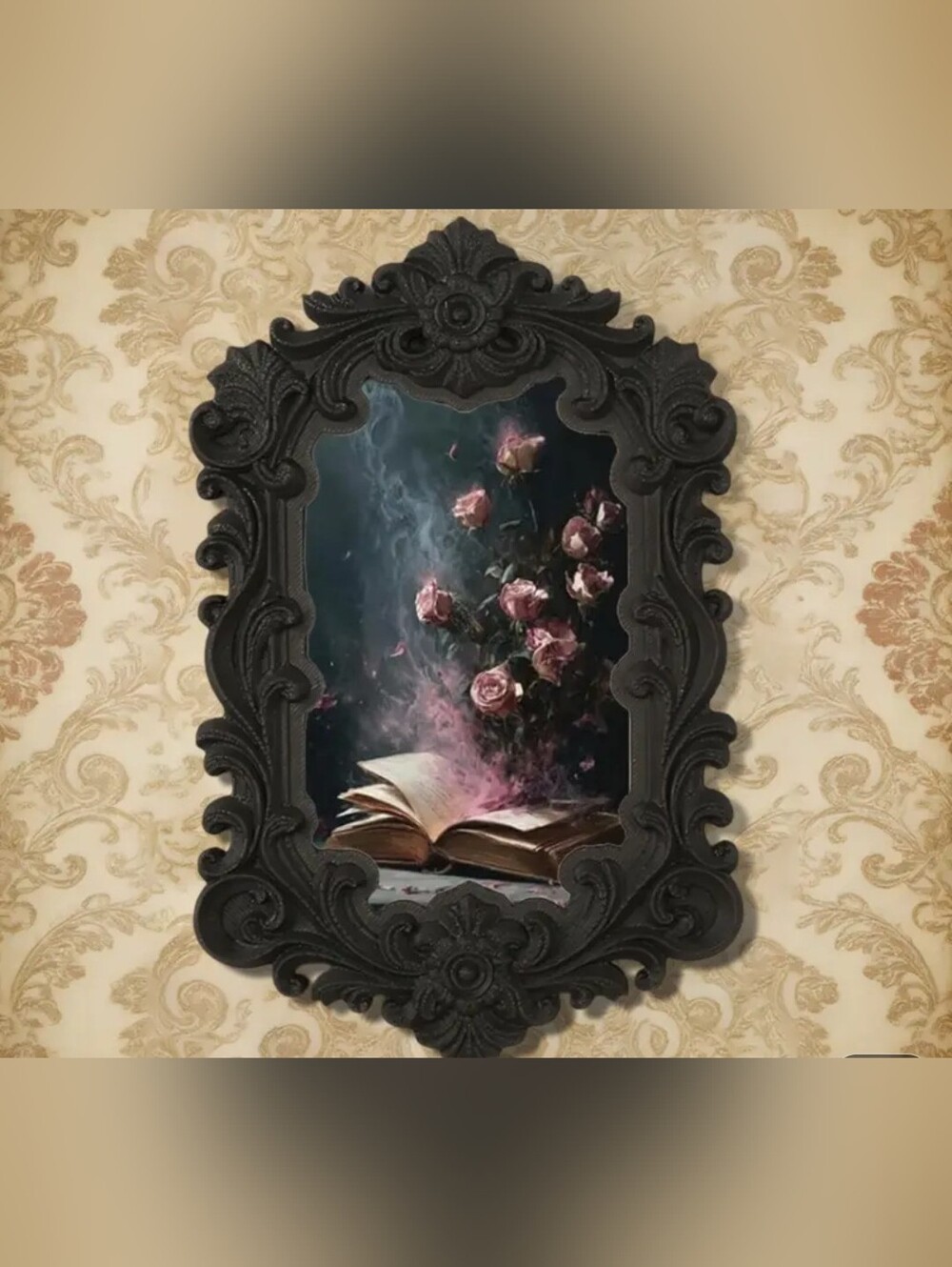 Ornate Black Wall Art - Resin Frame with Rose Illustration